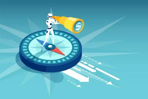 Vector of a robot standing on compass searching for financial opportunities. Stock Illustration