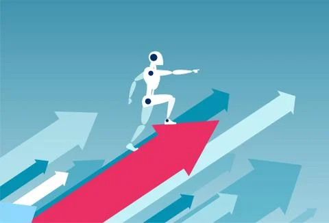 Vector of a robot standing on a growing up red arrow Illustrazione stock