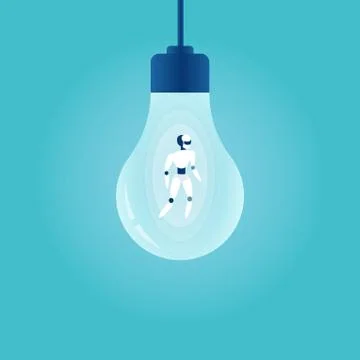 Vector of a robot standing inside a lightbulb. Stock Illustration