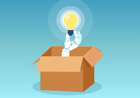 Vector of a robot sticking hand with lightbulb out of the box Stock Illustration
