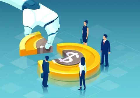 Vector of a robot taking piece of dollar coin cain from business people Stock Illustration