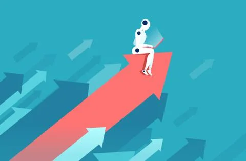 Vector of a robot working on laptop sitting on a growing up arrow. Stock Illustration
