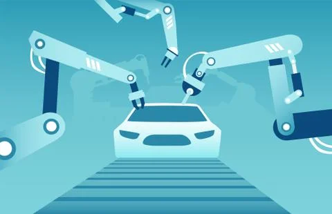 Vector of robotic arms assembling a modern car. Stock Illustration