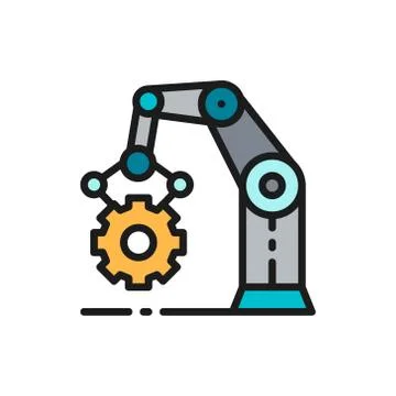 Vector robotic manipulator arm with cogwheel, production line flat color icon. Illustrazione stock