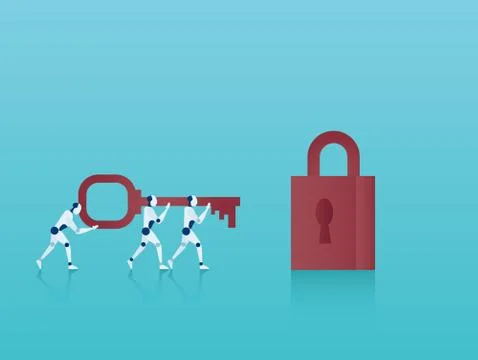 Vector of robots carrying a key to padlock. Stock Illustration