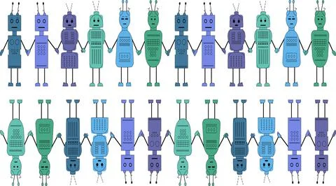 Vector robots in cartoon style. Seamless pattern Stock Illustration