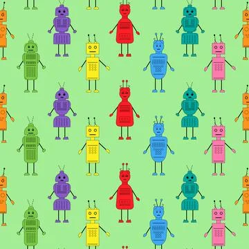 Vector robots in cartoon style. Seamless pattern Stock Illustration