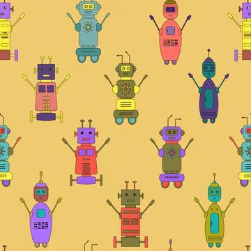 Vector robots in cartoon style. Seamless pattern Stock Illustration