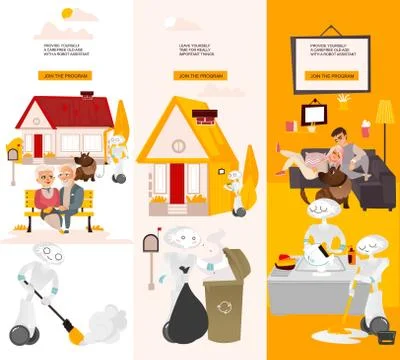 Vector robots in life infographics posters set Stock Illustration