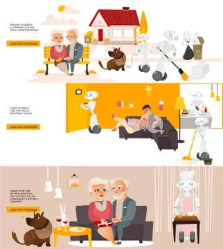 Vector robots in life infographics posters set Stock Illustration