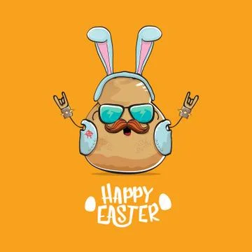 Vector rock star easter potato funny cartoon character with blue bunny ears Stockillustratie