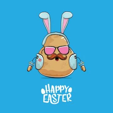 Vector rock star easter potato funny cartoon character with blue bunny ears Illustrazione stock