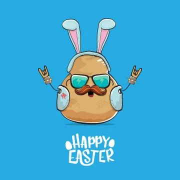 Vector rock star easter potato funny cartoon character with blue bunny ears Stock Illustration