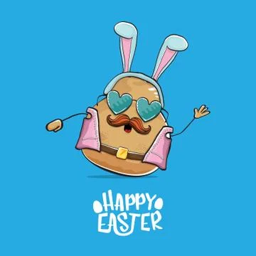 Vector rock star easter potato funny cartoon character with blue bunny ears Illustrazione stock