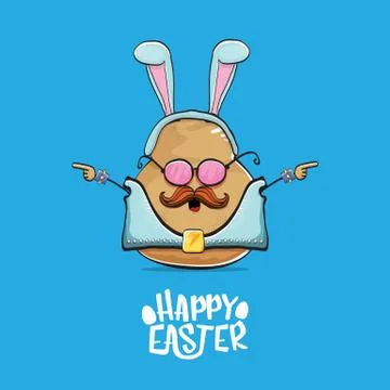 Vector rock star easter potato funny cartoon character with blue bunny ears Stockillustratie