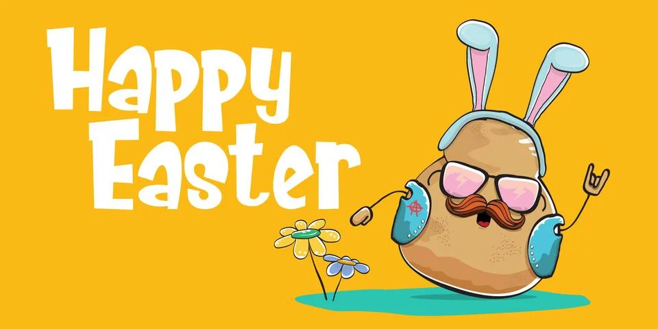 Vector rock star easter potato funny cartoon character with blue easter bunny Stockillustratie