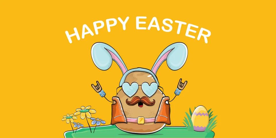 Vector rock star easter potato funny cartoon character with blue easter bunny Stockillustratie