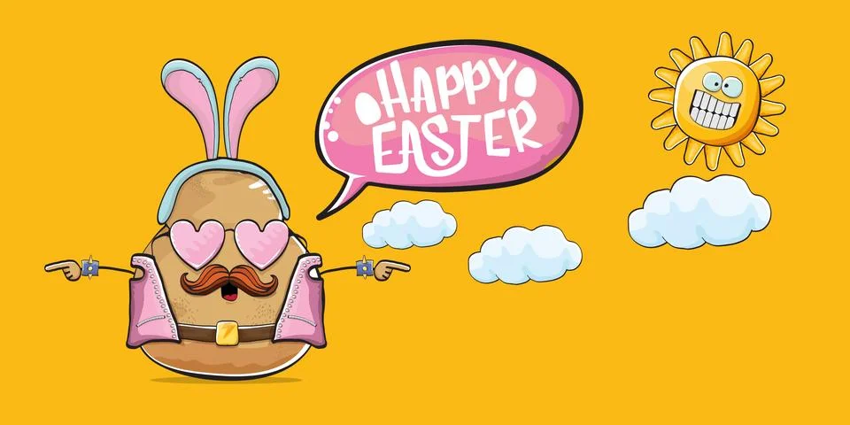 Vector rock star easter potato funny cartoon character with blue easter bunny 库存插图