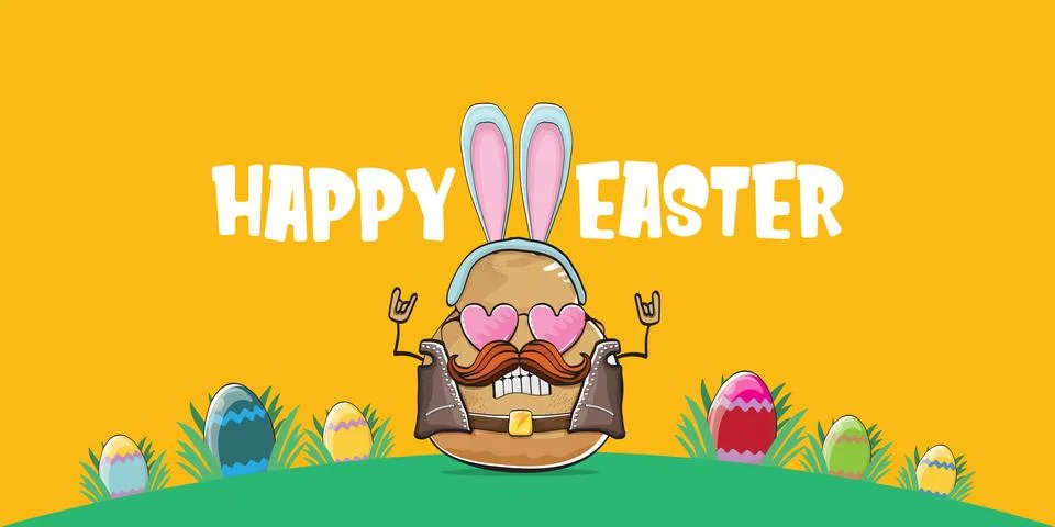 Vector rock star easter potato funny cartoon character with blue easter bunny Illustrazione stock