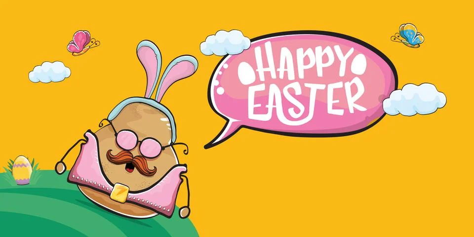 Vector rock star easter potato funny cartoon character with blue easter bunny 스톡 일러스트