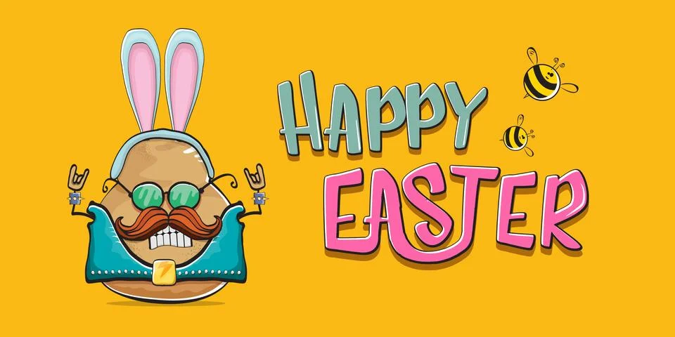 Vector rock star easter potato funny cartoon character with blue easter bunny Stock Illustration