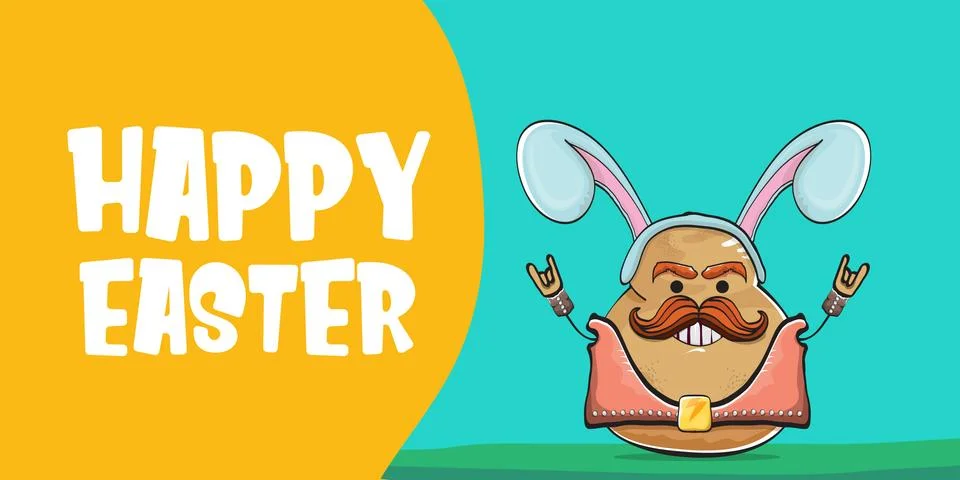 Vector rock star easter potato funny cartoon character with blue easter bunny Stock Illustration