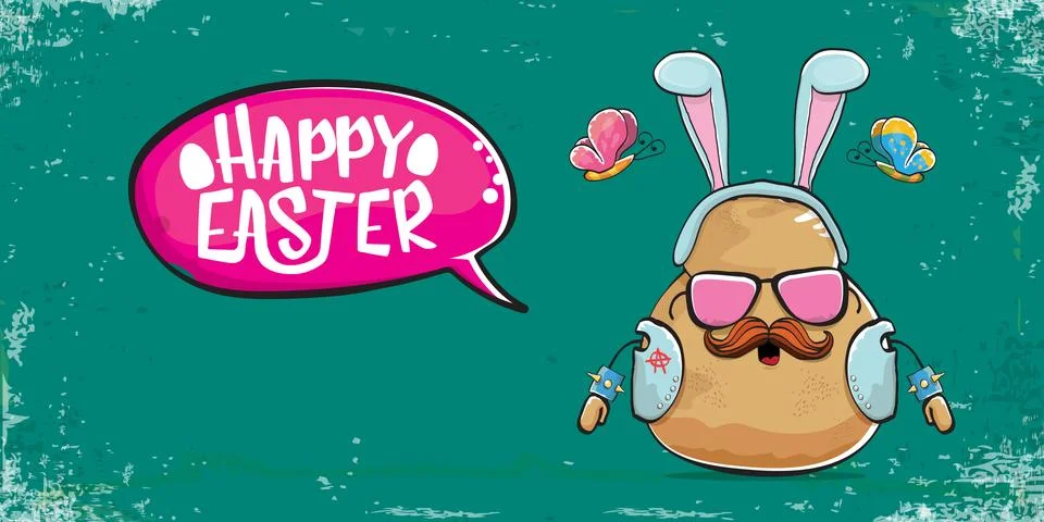 Vector rock star easter potato funny cartoon character with blue easter bunny Stockillustratie