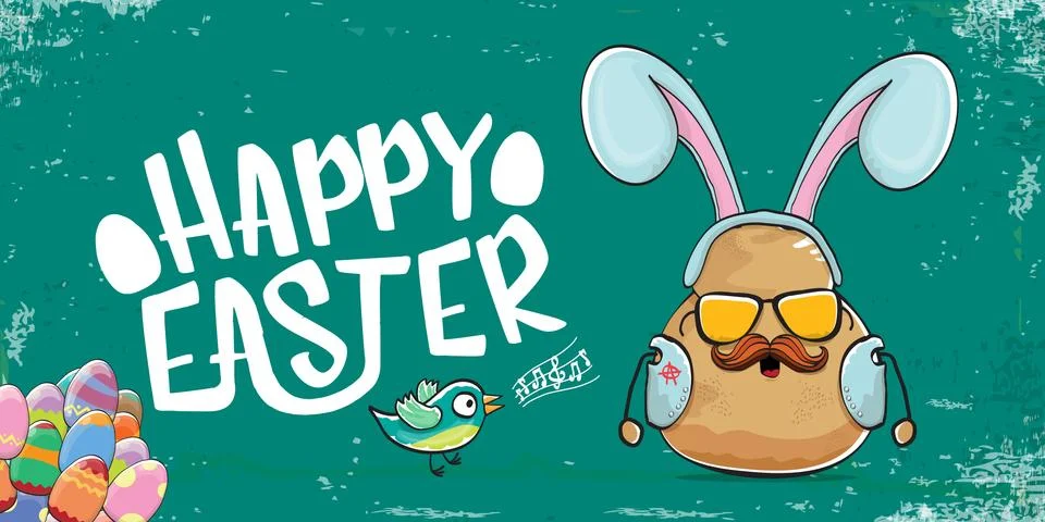 Vector rock star easter potato funny cartoon character with blue easter bunny Stockillustratie