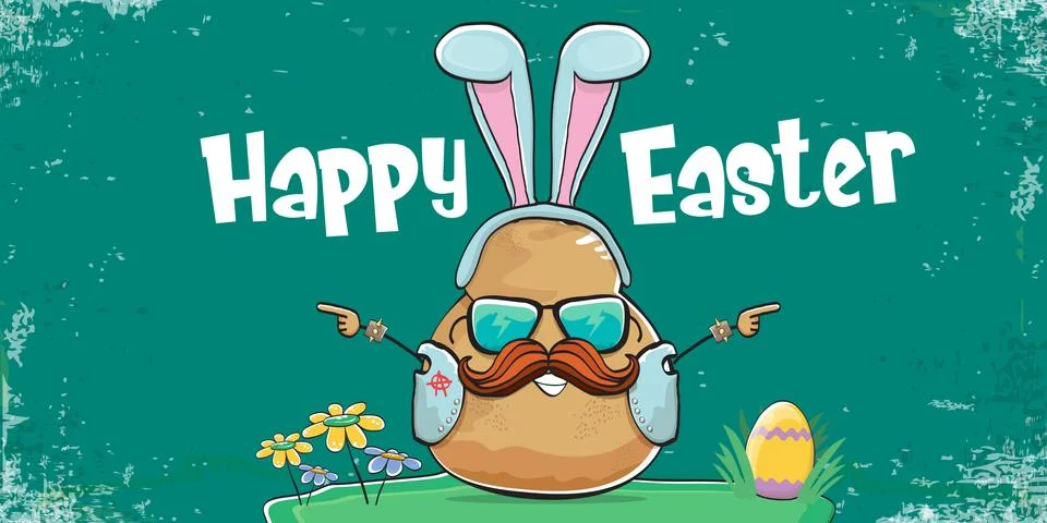 Vector rock star easter potato funny cartoon character with blue easter bunny Stock Illustration