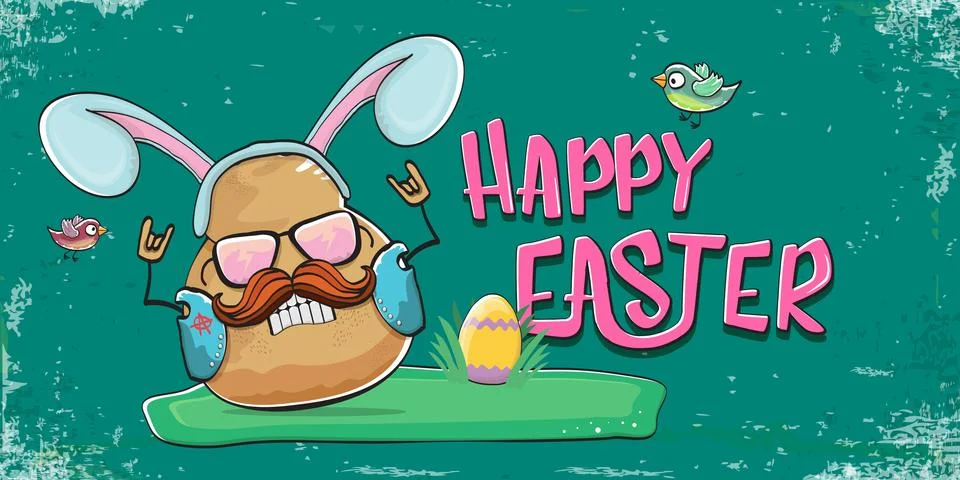 Vector rock star easter potato funny cartoon character with blue easter bunny 스톡 일러스트