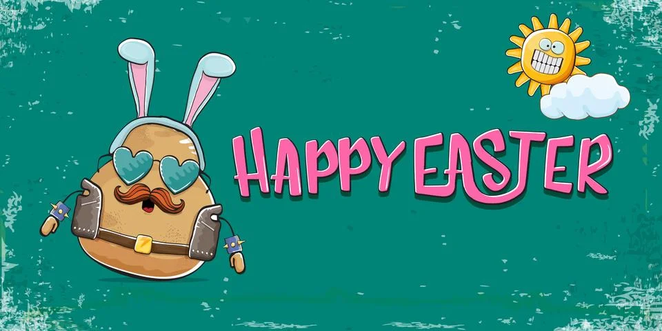 Vector rock star easter potato funny cartoon character with blue easter bunny 스톡 일러스트