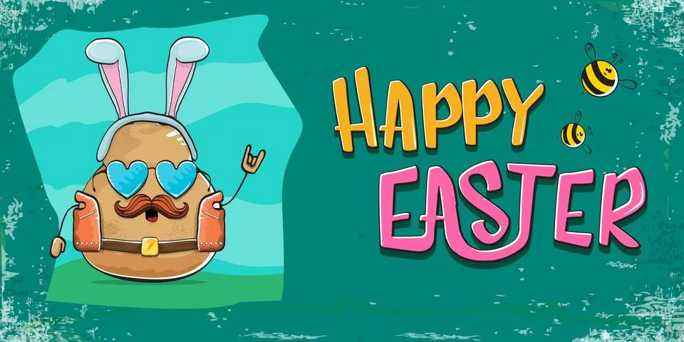 Vector rock star easter potato funny cartoon character with blue easter bunny Illustrazione stock