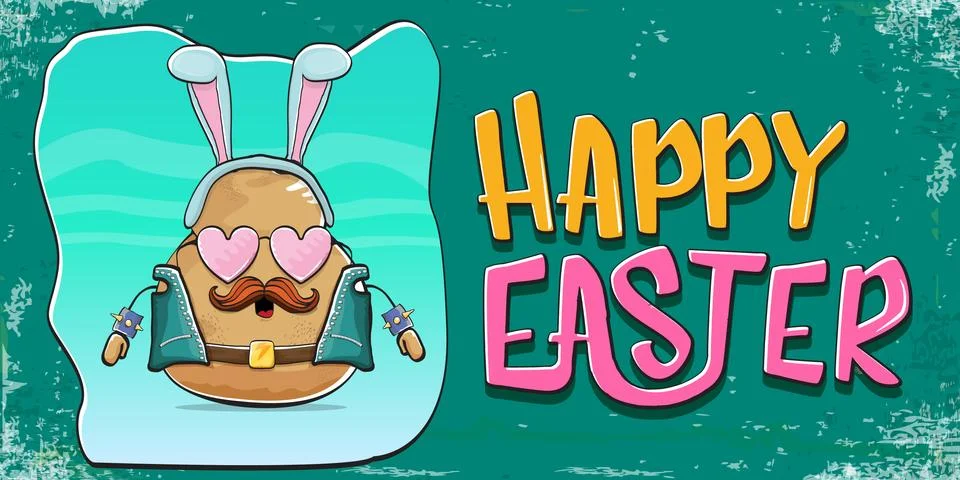 Vector rock star easter potato funny cartoon character with blue easter bunny Illustrazione stock
