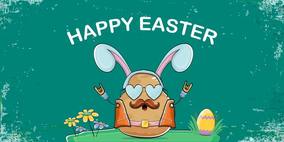 Vector rock star easter potato funny cartoon character with blue easter bunny Illustrazione stock