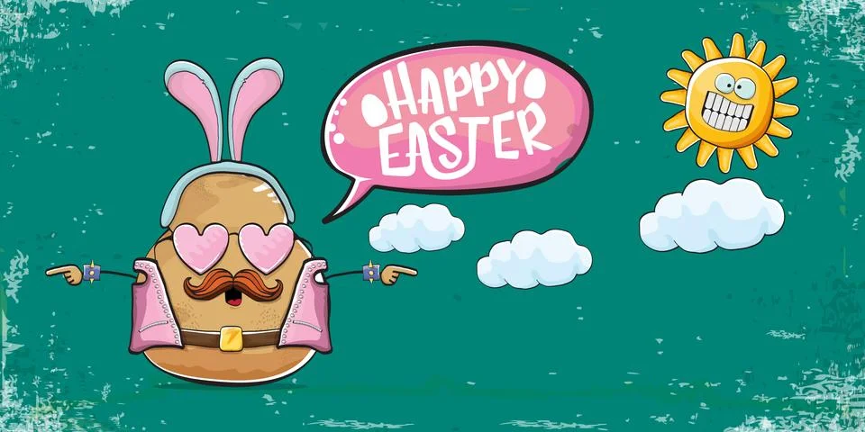 Vector rock star easter potato funny cartoon character with blue easter bunny Illustrazione stock
