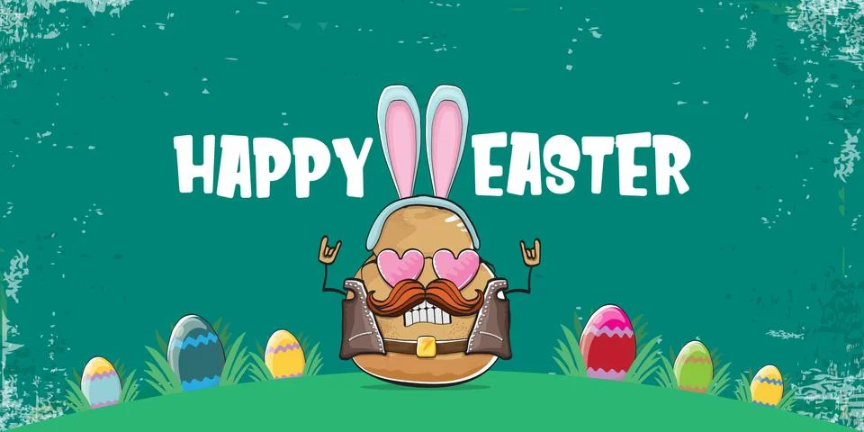 Vector rock star easter potato funny cartoon character with blue easter bunny Stock Illustration
