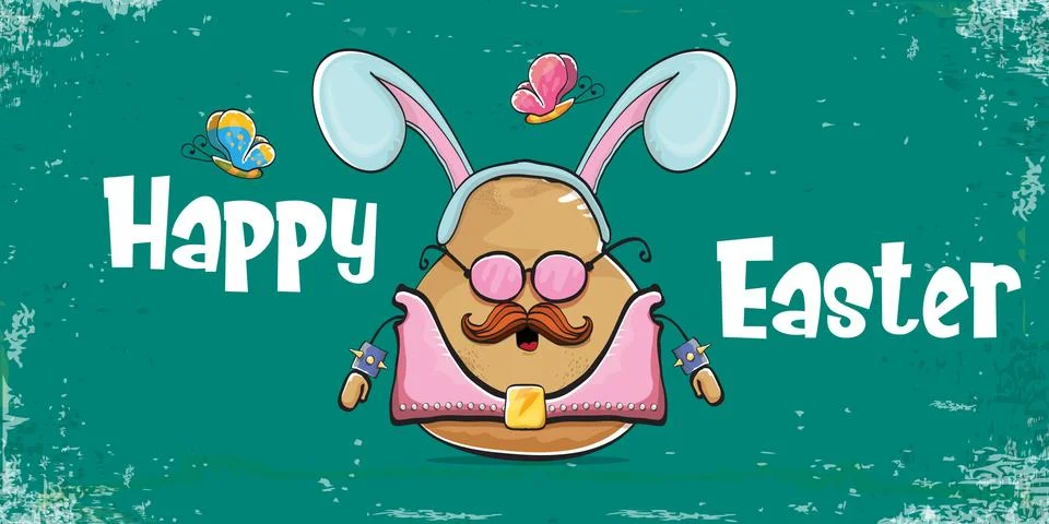 Vector rock star easter potato funny cartoon character with blue easter bunny 스톡 일러스트