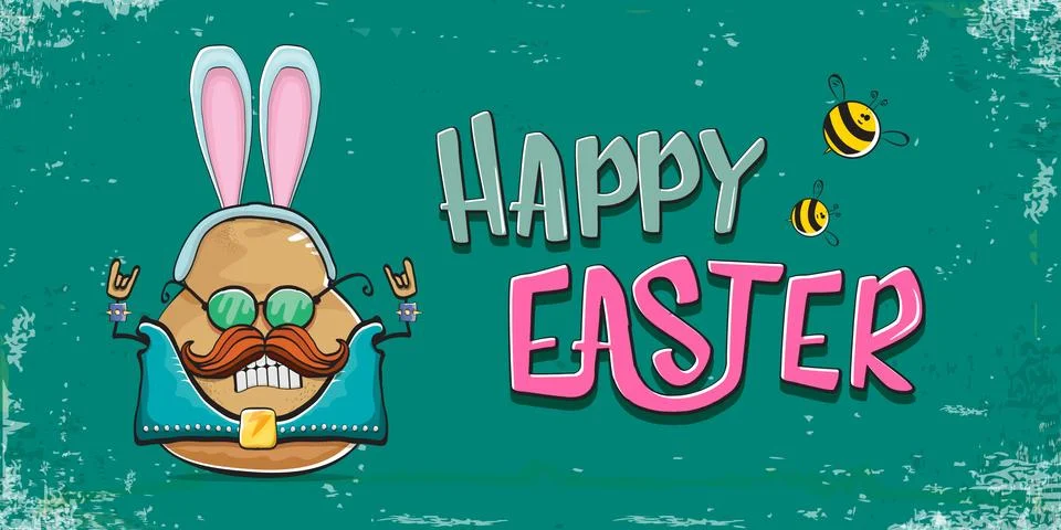 Vector rock star easter potato funny cartoon character with blue easter bunny 스톡 일러스트