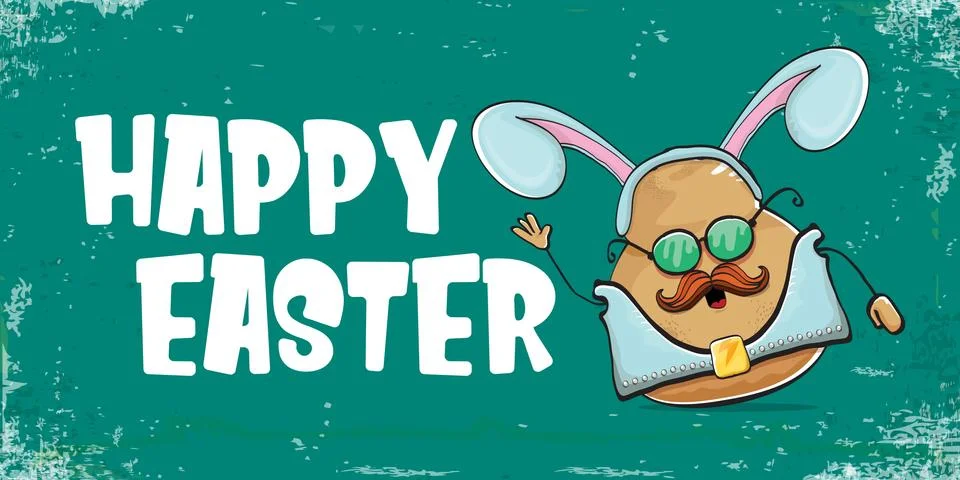 Vector rock star easter potato funny cartoon character with blue easter bunny Illustrazione stock