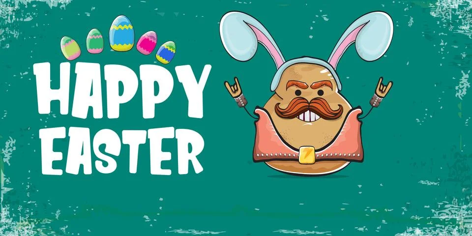 Vector rock star easter potato funny cartoon character with blue easter bunny Stock Illustration