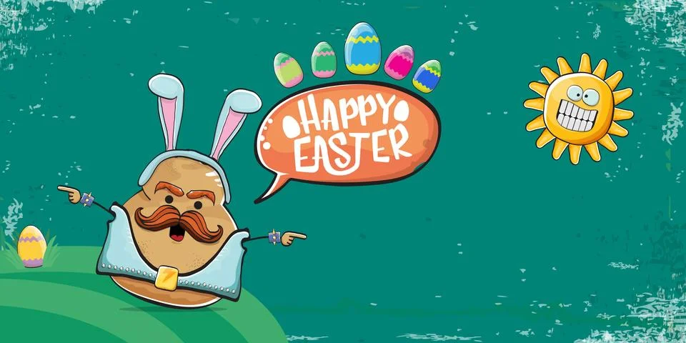 Vector rock star easter potato funny cartoon character with blue easter bunny 스톡 일러스트