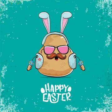 Vector rock star easter potato funny cartoon character with blue bunny ears Stockillustratie