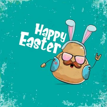 Vector rock star easter potato funny cartoon character with blue bunny ears Illustrazione stock