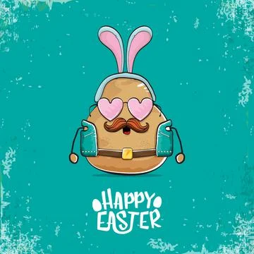 Vector rock star easter potato funny cartoon character with blue bunny ears Stockillustratie