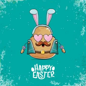 Vector rock star easter potato funny cartoon character with blue bunny ears 库存插图