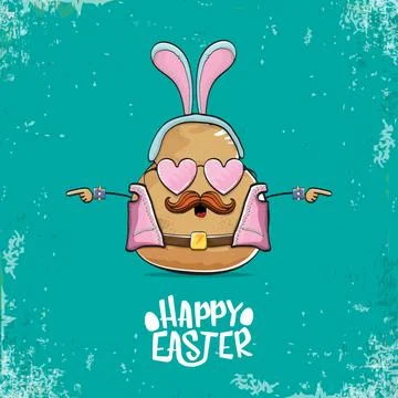 Vector rock star easter potato funny cartoon character with blue bunny ears Stockillustratie