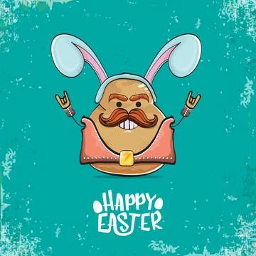 Vector rock star easter potato funny cartoon character with blue bunny ears Illustrazione stock