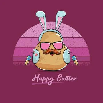 Vector rock star easter potato funny cartoon character with blue bunny ears Stock Illustration