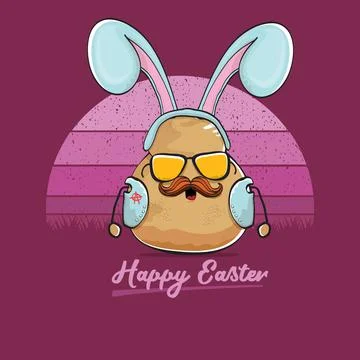 Vector rock star easter potato funny cartoon character with blue bunny ears Stockillustratie