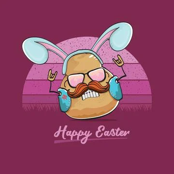Vector rock star easter potato funny cartoon character with blue bunny ears 스톡 일러스트